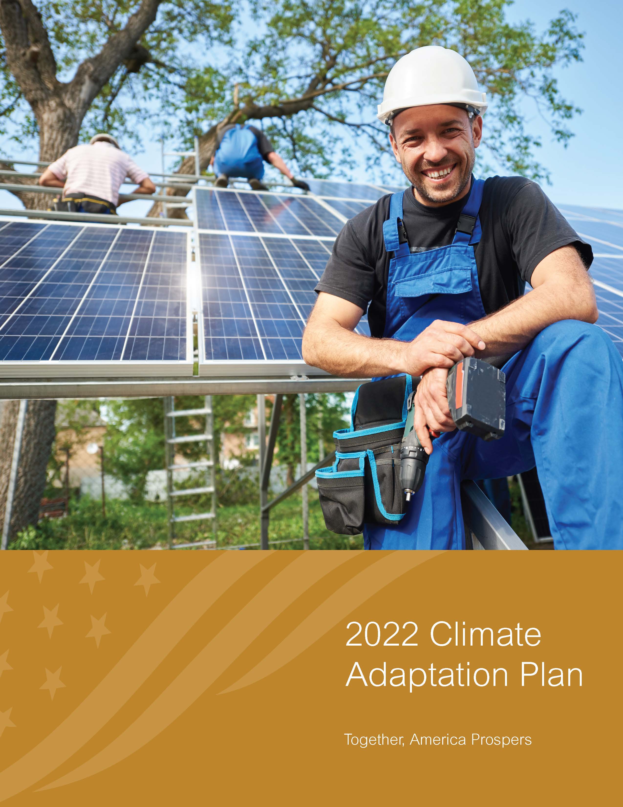 Cover page for the 2022 RD Action Plan for Climate Adaptation and Resilience, people installing solar panels.