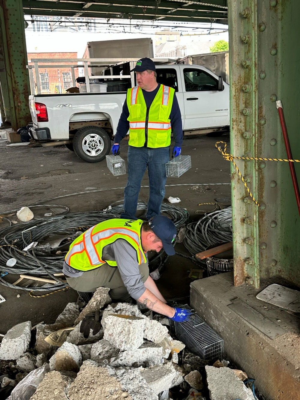 William Wilmoth (top of photo), APHIS Wildlife Services-New York Assistant State Director, and John Short, Biological Sciences Technician with APHIS, prepare live traps in Brooklyn to capture Norway rats