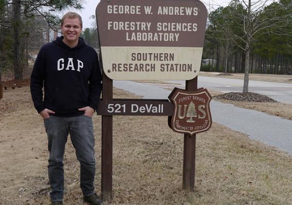 Wellington Cardoso, an undergraduate student from Brazil, is visiting the Forest Operations research unit in Auburn, AL. (Photo Credit Dana Mitchell.)