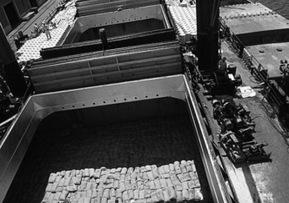 U. S. food is stored in cargo holds on freighters at Lake Charles, Louisiana waiting to be shipped overseas on May 1972. Photo courtesy National Archives and Records Administration.