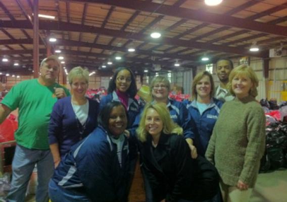Rural Development Tennessee State Office staff help to distribute gifts at the Salvation Army  distribution center:  Shown, Keith Head, Kathy Connelly, Fallan Faulkner, Melba Baxter, Cheryl Myhand, Taylor Marable, Terri Sneed, Abby Boggs, and Kathy Smith.