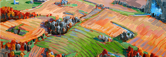 Modernistic painting of colorful rolling hills of farm fields
