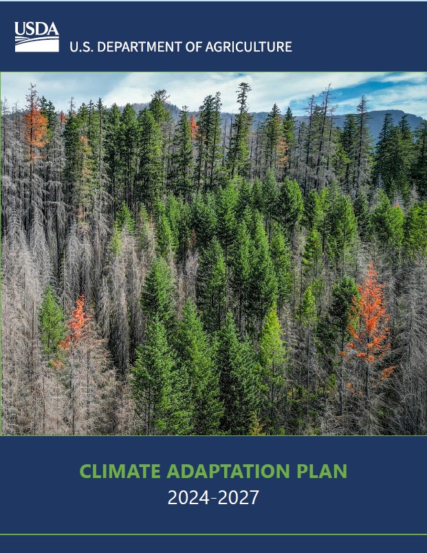 Cover page for the 2024 USDA Action Plan for Climate Adaptation and Resilience, forest on fire.