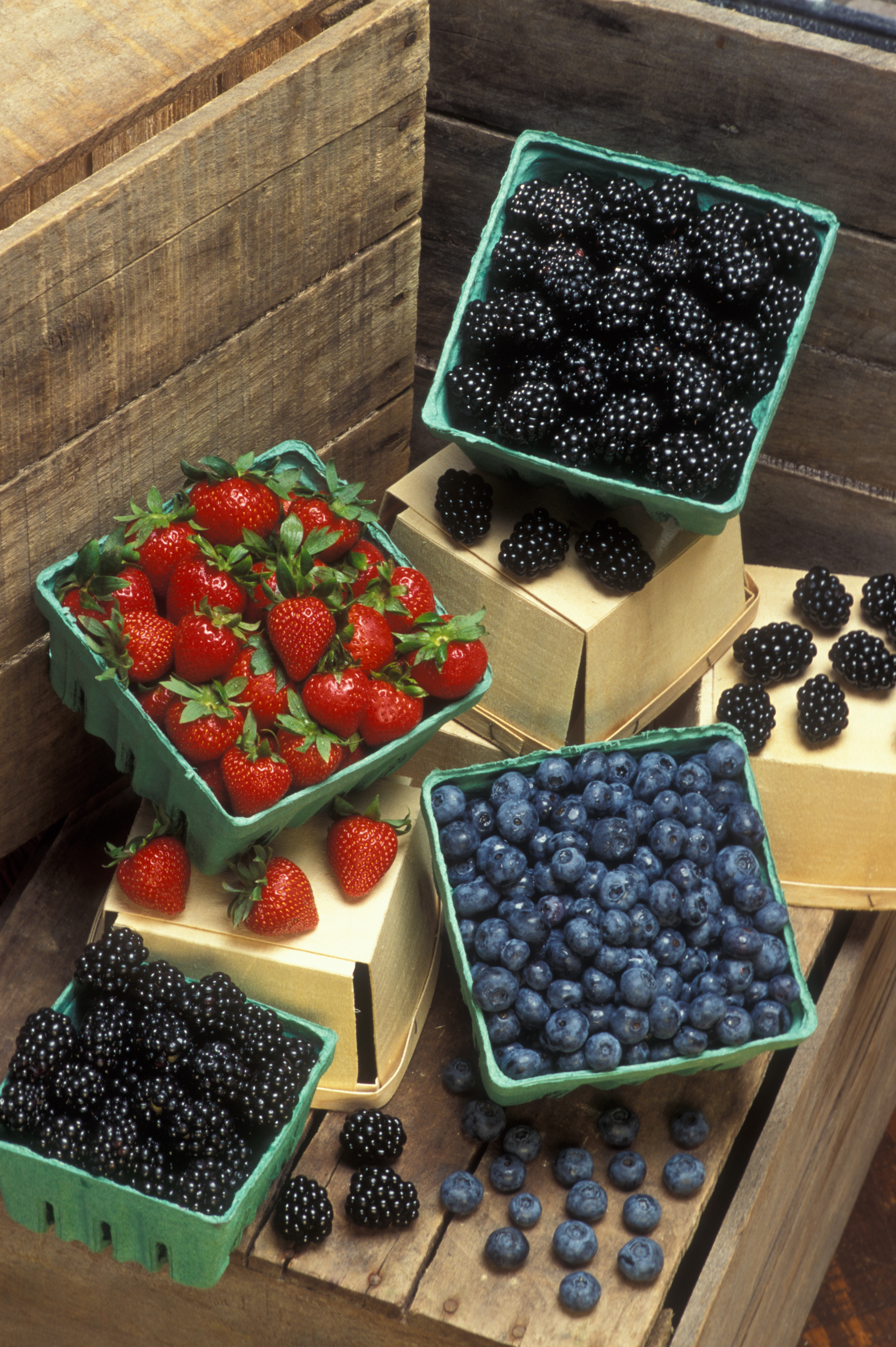 Boxes of blackberries, blueberries, and strawberries