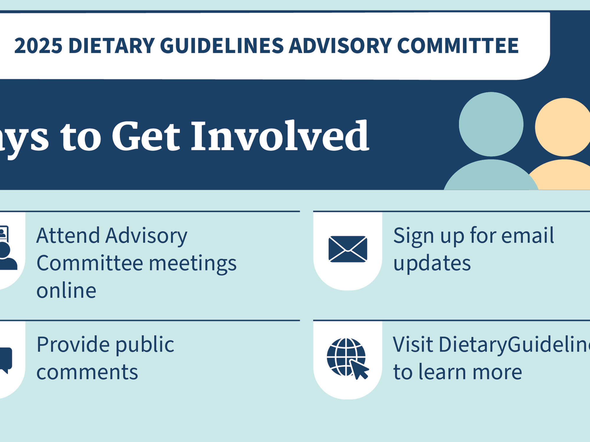 Dietary Guidelines Advisory Committee blue social media tile citing ways to get involved