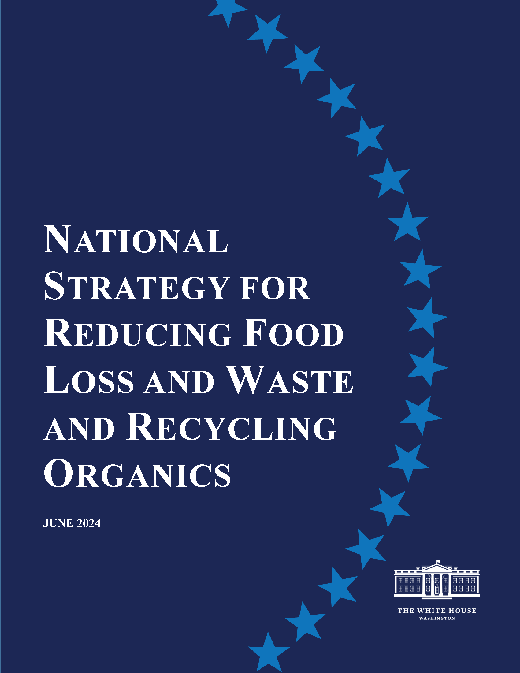 Cover of National Strategy for Reducing Food Loss and Waste and Recycling Organics with images of food storage and composting.