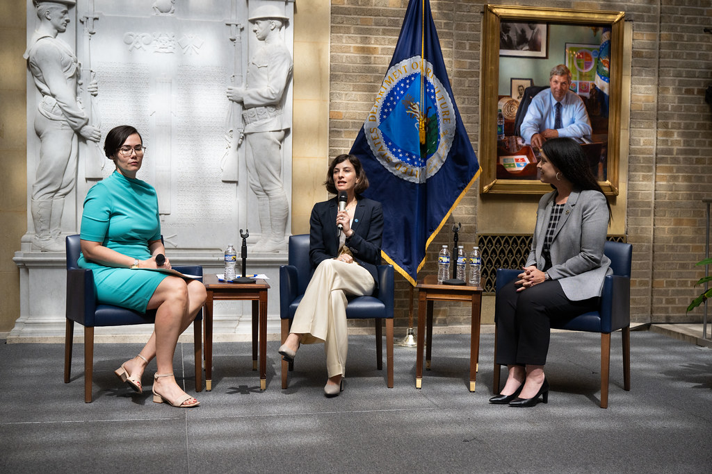 USDA Under Secretary for Trade and Foreign Agricultural Affairs Alexis Taylor (left) led a discussion with Lauren Phillips from the UN Food and Agriculture Organization (center) and Oklahoma Secretary of Agriculture Blayne Arthur about challenges and opportunities facing women in agriculture