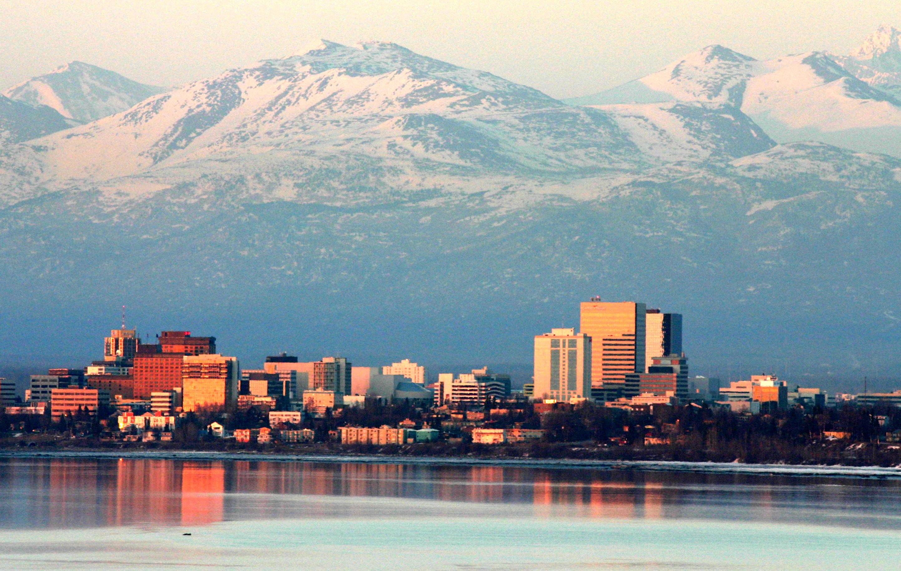 The City of Anchorage, flanked by stunning views of the Chugach Mountain Range