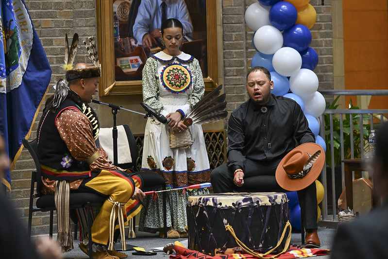 Lumbee Tribe members perform an honor song during the Unity Through Inclusion celebration on Tuesday, October 1, 2024, at the USDA Headquarters, Washington D.C.