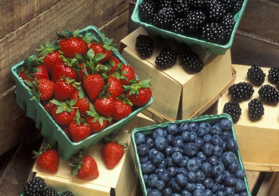 Boxes of blackberries, blueberries, and strawberries