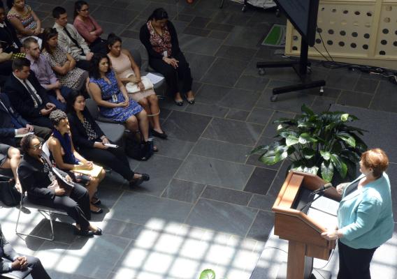 USDA’s Office of Human Resources Management Director Roberta Jeanquart speaks to the USDA Interns at the welcoming program held in the USDA Whitten Building in Washington, D.C. on Wednesday, Jun. 29, 2016