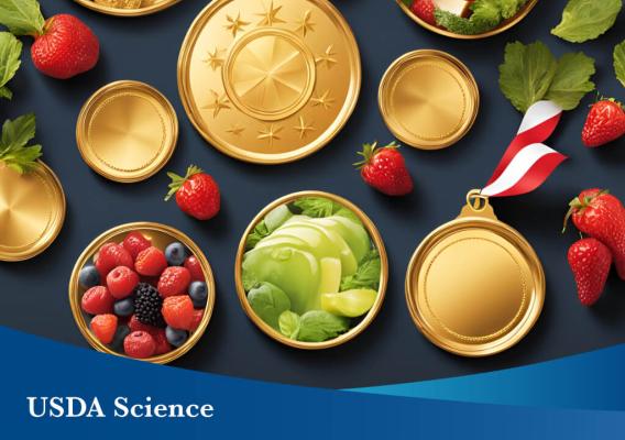USDA Olympics graphic with medal and fruit