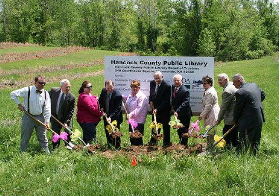 USDA Kentucky State Director Tom Fern (4th from right) joins state and local officials as ground was broken on the new Hancock County Library in Hawesville.