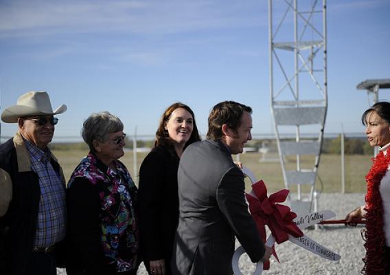 Oklahoma Rural Development State Director Ryan McMullen  joins project representatives, elected officials, and community representatives to cut a ribbon officially declaring the completion of the 1st of 30 towers, comprising the new broadband network. USDA photo.