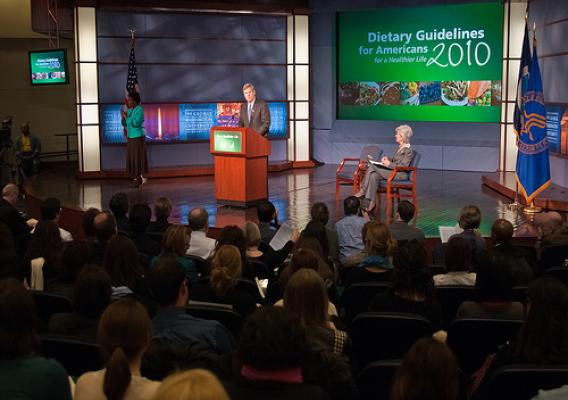 Agriculture Secretary Tom Vilsack and Health and Human Services Secretary Kathleen Sebelius (seated right) announced the release of the 2010 Dietary Guidelines for Americans in the George Washington University Jack Morton Auditorium, Monday, January 31 in Washington, DC. The Dietary Guidelines for Americans is the federal governments evidence-based nutritional guidance to promote health, reduce the risk of chronic diseases and reduce the prevalence of overweight and obesity through improved nutrition and ph