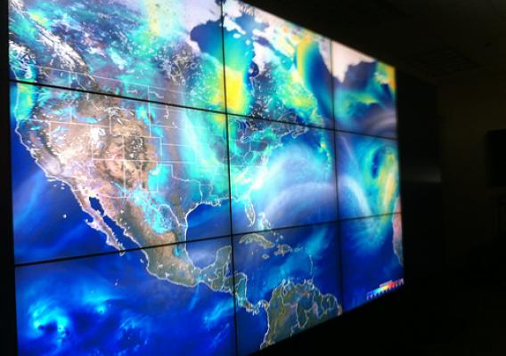 The NASA Hyperwall, a huge monitor connected to the agency’s climate super computer will be used in assessing data from the GPM Core Observatory. (U.S. Forest Service/Robert Hudson Westover)
