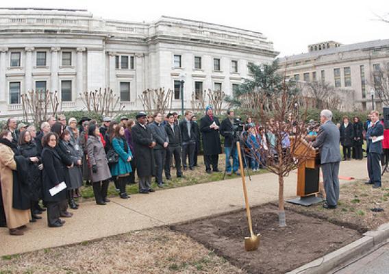 United States Department of Agriculture (USDA) Under Secretary Natural Resources and Environment Harris Sherman (left), next to the freshly planted Dawn Redwood for the Celebration of Tu B’Shevat “The New Year of the Trees” event; the 3rd Grade Class of the Jewish Primary Day School of the Nation’s Capitol and other addressed the attendees at the District of Columbia western lawn next to the USDA Headquarters, Whitten Building at 14th Street and Independence Ave SW, Washington, D.C. on Wednesday, February 8