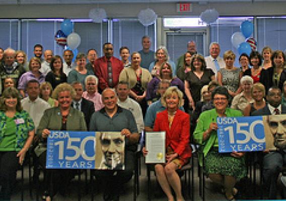 Indiana Lt. Governor Becky Skillman (Center front row) joins Indiana State Office Staff members from Natural Resources Conservation Service, Farm Service Agency, Rural Development, and Risk Management Agency in celebrating USDA’s 150th birthday.