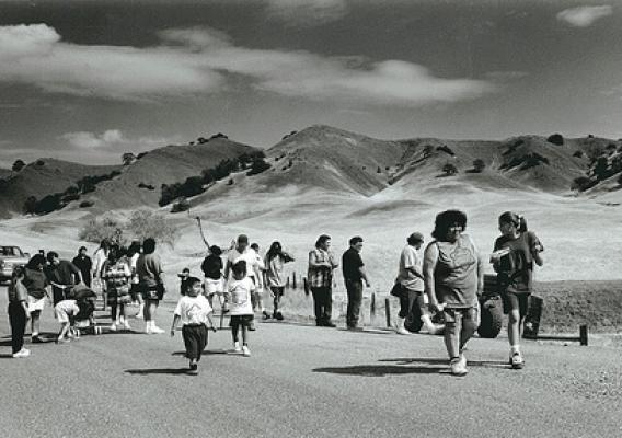 Members of the Round Valley Indian Tribe retrace the 1863 route of the Nome Cult walk, a forced relocation of Indians from Chico, Calif., to Covelo, Calif. (U.S. Forest Service)