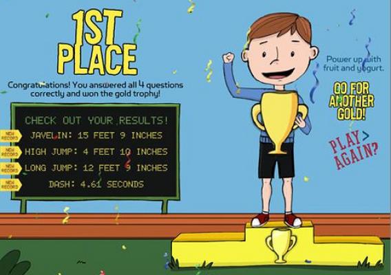 This is a screen capture from the Track & Field Fuel-Up Challenge online game for kids. The Track & Field Fuel-Up Challenge teaches moms and children about healthy habits and provides practical ways they can incorporate them.