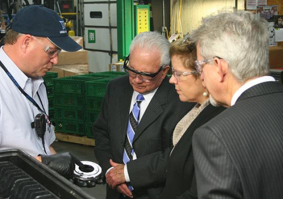 Lincoln Manufacturing USA, LLC employee, Jeff Burkett, explains product details to Kentucky State Director Tom Fern, RBS Administrator Lillian Salerno, and RBS program director in Kentucky, Jeff Jones. USDA photos.