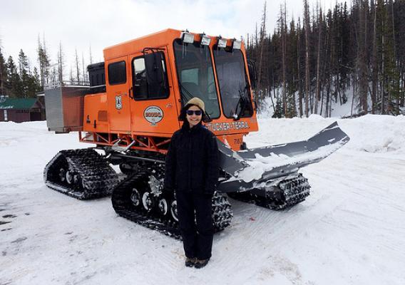 Carita Chan was excited to get to ride in a Sno-Cat for the first time. U.S. Forest Service photo.