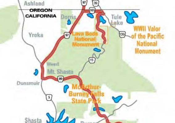 A map of the Volcanic Legacy Scenic Byway.